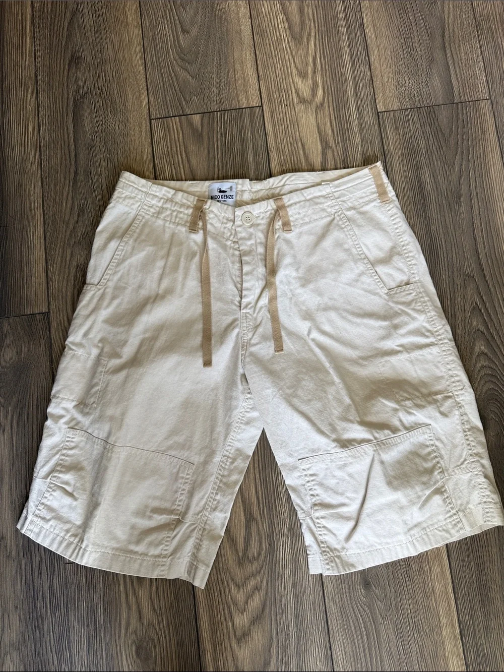 NICO GENZE New York 100% Linen Avant Garde Cargo Shorts XL ivory Artisanal”